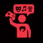 Leuchtend rotes Symbol einer Person mit einem Gamecontroller in der erhobenen Hand. Über dem Kopf befindet sich eine Sprechblase mit Symbolen für Theater (Maske), Musik (Note) und Kultur (klassische Säule). Auf der Brust ist ein stilisiertes Herz zu sehen – ein Hinweis auf Leidenschaft oder emotionale Verbundenheit. Das Bild steht für die kulturelle Dimension und Ausdruckskraft von Videospielen. Der schwarze Hintergrund lässt die roten Elemente deutlich leuchten.