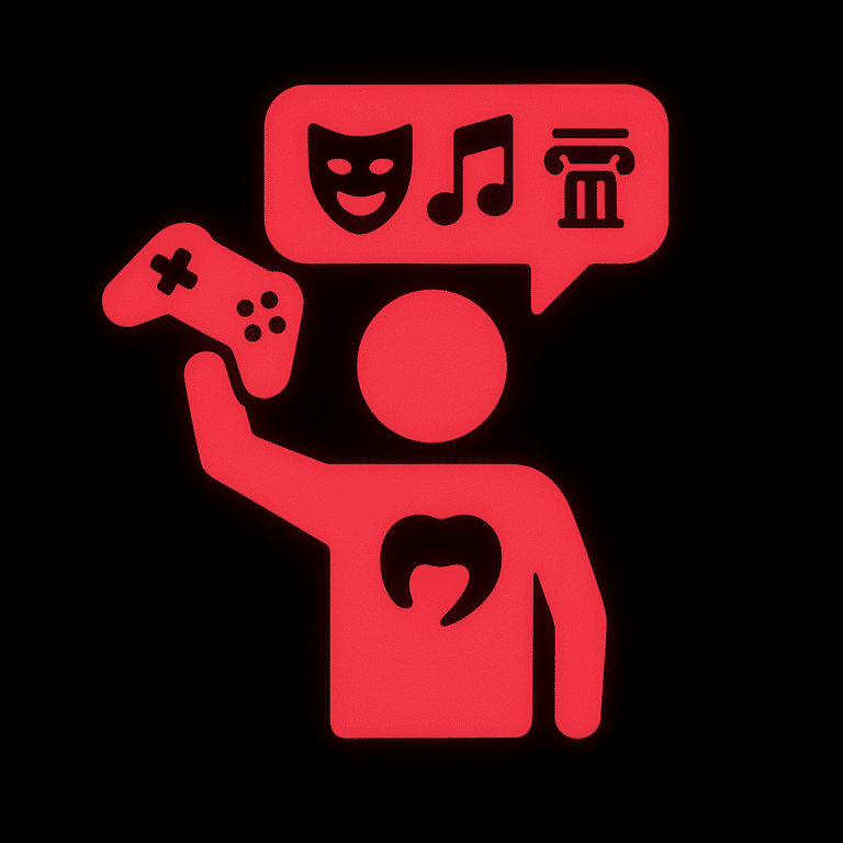 Leuchtend rotes Symbol einer Person mit einem Gamecontroller in der erhobenen Hand. Über dem Kopf befindet sich eine Sprechblase mit Symbolen für Theater (Maske), Musik (Note) und Kultur (klassische Säule). Auf der Brust ist ein stilisiertes Herz zu sehen – ein Hinweis auf Leidenschaft oder emotionale Verbundenheit. Das Bild steht für die kulturelle Dimension und Ausdruckskraft von Videospielen. Der schwarze Hintergrund lässt die roten Elemente deutlich leuchten.