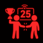 Leuchtend rotes Piktogramm von zwei Personen, die sich die Hand geben. Die linke Person hält einen Siegerpokal hoch. Über ihnen befindet sich eine große Zahl „25“ in einem digitalen Rahmen mit WLAN-Symbol, was auf eine Online-Wertung oder ein digitales Event hinweist. Der Hintergrund ist schwarz mit einem leuchtenden roten Glüheffekt, der den Fokus auf Zusammenarbeit und Erfolg legt.