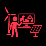 Leuchtend rotes Piktogramm einer Person, die auf einen Monitor zeigt, auf dem stilisierte Gebäudestrukturen oder Bauelemente zu sehen sind. Daneben stehen ein Windrad und ein Solarpanel – Symbole für erneuerbare Energien. Die Darstellung verbindet digitale Welten oder Spiele mit dem Thema nachhaltige Energie und Umweltbewusstsein. Der schwarze Hintergrund hebt die leuchtenden roten Elemente deutlich hervor.