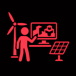 Leuchtend rotes Piktogramm einer Person, die auf einen Monitor zeigt, auf dem stilisierte Gebäudestrukturen oder Bauelemente zu sehen sind. Daneben stehen ein Windrad und ein Solarpanel – Symbole für erneuerbare Energien. Die Darstellung verbindet digitale Welten oder Spiele mit dem Thema nachhaltige Energie und Umweltbewusstsein. Der schwarze Hintergrund hebt die leuchtenden roten Elemente deutlich hervor.