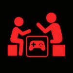 Zwei stilisierte rote Figuren sitzen sich gegenüber, mit einem Bildschirm dazwischen, auf dem ein Spiele-Controller-Symbol zu sehen ist. Sie sitzen auf quadratischen Blöcken. Der Hintergrund ist schwarz.