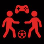 Zwei rote Piktogramm-Figuren spielen Fußball mit einem Ball in der Mitte. Über den Figuren befindet sich ein rotes, stilisiertes Gamecontroller-Symbol. Der Hintergrund ist schwarz.