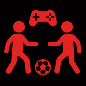Zwei rote Piktogramm-Figuren spielen Fußball mit einem Ball in der Mitte. Über den Figuren befindet sich ein rotes, stilisiertes Gamecontroller-Symbol. Der Hintergrund ist schwarz.
