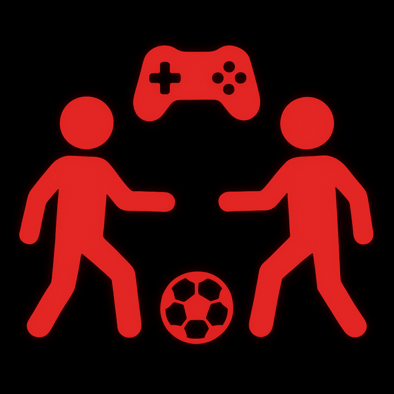 Zwei rote Piktogramm-Figuren spielen Fußball mit einem Ball in der Mitte. Über den Figuren befindet sich ein rotes, stilisiertes Gamecontroller-Symbol. Der Hintergrund ist schwarz.