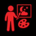 Eine rote, symbolartige Illustration einer Person mit einem Pinsel vor einer Leinwand. Die Leinwand zeigt eine Nachtszene mit Halbmond, Sternen und einer Wolke. Neben der Person liegt eine Farbpalette mit mehreren kreisförmigen Vertiefungen. Das Design ist minimalistisch und vor einem schwarzen Hintergrund mit leuchtend rotem Effekt platziert.