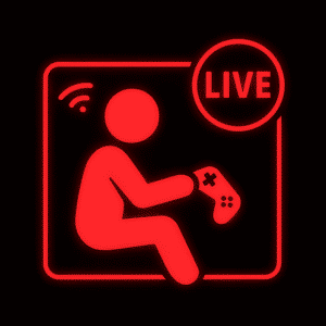 Leuchtend rotes Piktogramm einer sitzenden Person mit einem Gamecontroller in der Hand, die sich in einem rechteckigen Rahmen befindet. Oben links ist ein WLAN-Symbol zu sehen, oben rechts ein Kreis mit dem Wort „LIVE“, was auf einen Livestream oder eine Live-Übertragung beim Gaming hinweist. Das Design hebt sich mit einem kräftigen roten Leuchteffekt vor schwarzem Hintergrund ab.