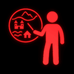 Leuchtend rotes Symbol einer stehenden Person mit einem Zeigestab, die auf eine runde Darstellung zeigt. In der runden Grafik sind stilisierte Landschaftselemente zu sehen: ein Schloss, ein Haus, Flüsse oder Straßen sowie Berge. Das Motiv erinnert an eine geografische oder kulturelle Präsentation. Der Hintergrund ist schwarz mit einem rot leuchtenden Effekt.