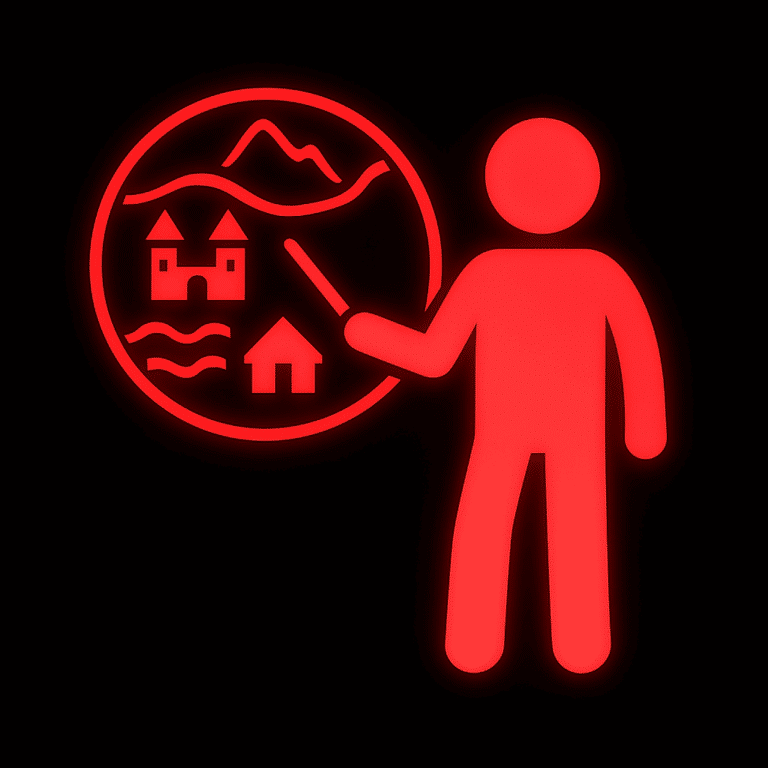 Leuchtend rotes Symbol einer stehenden Person mit einem Zeigestab, die auf eine runde Darstellung zeigt. In der runden Grafik sind stilisierte Landschaftselemente zu sehen: ein Schloss, ein Haus, Flüsse oder Straßen sowie Berge. Das Motiv erinnert an eine geografische oder kulturelle Präsentation. Der Hintergrund ist schwarz mit einem rot leuchtenden Effekt.