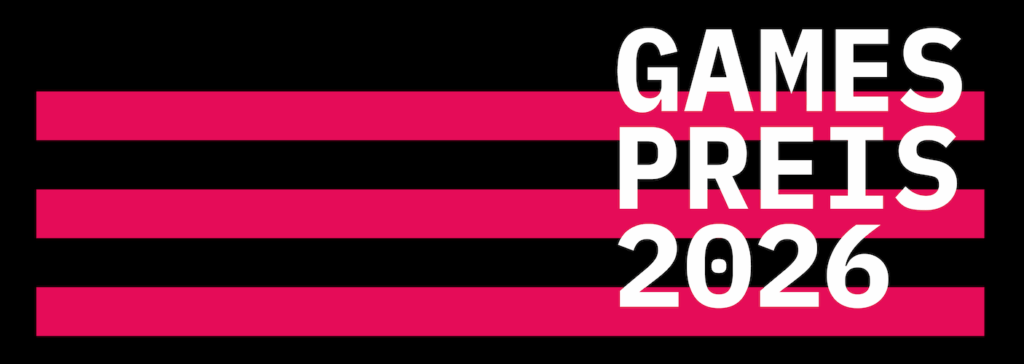 GamesPreis26 Logo mit weisser Schrift und drei roten Strichen auf Schwarzem Grund