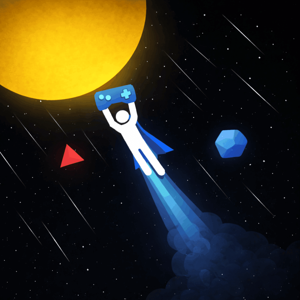 Eine Grafik zeigt eine stilisierte weiße Figur mit Umhang, die ein blauen Game-Controller hochhält und in den Weltraum fliegt, während sie von einem leuchtend gelben Kreis, roten geometrischen Formen und einem blauen Sechseck umgeben ist. Der Hintergrund ist ein Sternenhimmel mit Strahlen und Wolken.