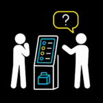 Zwei stilisierte Figuren stehen neben einem elektronischen Terminal. Eine Figur hält die Hand zum Kinn, die andere hebt eine Hand und hat eine Sprechblase mit einem Fragezeichen darüber. Das Terminal zeigt eine Liste von vier Punkten und hat ein Symbol, das einen Koffer oder eine Box zeigt. Der Hintergrund ist schwarz.