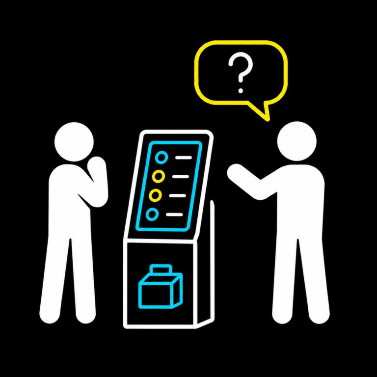Zwei stilisierte Figuren stehen neben einem elektronischen Terminal. Eine Figur hält die Hand zum Kinn, die andere hebt eine Hand und hat eine Sprechblase mit einem Fragezeichen darüber. Das Terminal zeigt eine Liste von vier Punkten und hat ein Symbol, das einen Koffer oder eine Box zeigt. Der Hintergrund ist schwarz.