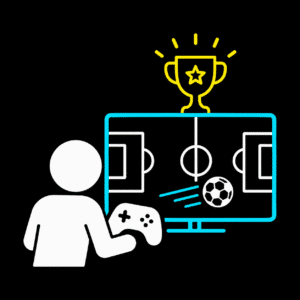 Ein stilisiertes Bild eines Videospielers, der mit einem Controller vor einem Bildschirm sitzt. Auf dem Bildschirm ist ein Fußballfeld und ein Fußball zu sehen. Darüber ist ein gelber Pokal mit einem Stern abgebildet.