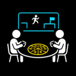 Zwei stilisierte Figuren sitzen an einem Tisch und spielen Videospiele mit Controllern. Auf dem Tisch liegt eine Pizza. Im Hintergrund ist ein Bildschirm mit einem einfachen Plattformspiel dargestellt, bei dem eine Figur über Hindernisse springt.