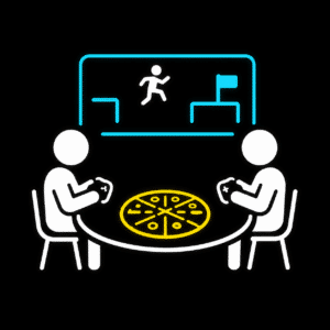Zwei stilisierte Figuren sitzen an einem Tisch und spielen Videospiele mit Controllern. Auf dem Tisch liegt eine Pizza. Im Hintergrund ist ein Bildschirm mit einem einfachen Plattformspiel dargestellt, bei dem eine Figur über Hindernisse springt.