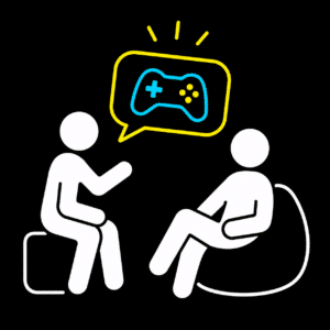Zwei stilisierte Figuren sitzen sich gegenüber. Eine Figur sitzt auf einem Hocker, die andere auf einem Sitzsack. Über ihnen schwebt eine Sprechblase mit einem Symbol eines Videospiel-Controllers, der blau und gelb umrahmt ist. Der Hintergrund ist schwarz.