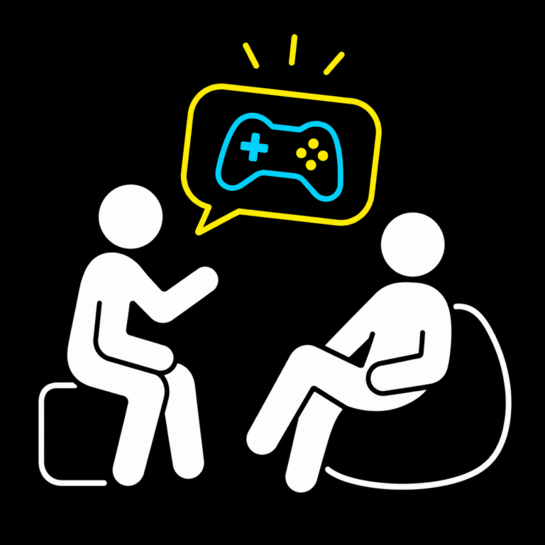 Zwei stilisierte Figuren sitzen sich gegenüber. Eine Figur sitzt auf einem Hocker, die andere auf einem Sitzsack. Über ihnen schwebt eine Sprechblase mit einem Symbol eines Videospiel-Controllers, der blau und gelb umrahmt ist. Der Hintergrund ist schwarz.