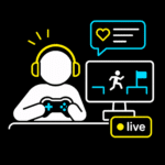 Illustration eines Spielers vor einem Bildschirm, der Kopfhörer und einen Controller trägt. Auf dem Monitor ist eine Spielfigur zu sehen, die auf Plattformen läuft und ein Ziel erreicht. Darüber schwebt eine Sprechblase mit einem Herz und Textlinien. Unten rechts befindet sich ein "live" Button. Farben: Gelb, Blau und Weiß auf schwarzem Hintergrund.