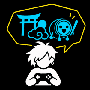 Ein stilisiertes Bild zeigt eine Person mit einem Videospiel-Controller und eine Sprechblase über dem Kopf. In der Sprechblase befinden sich Symbole: ein blauer Torii, eine Wolke, ein Smiley-Gesicht auf einem Taiko-Trommel-Symbol und ein Trommelstock.