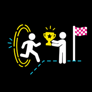 Ein stilisiertes Bild zeigt eine Person, die aus einem gelben Portal läuft, gefolgt von einer anderen Person, die einen goldenen Pokal mit einem Stern hält. Rechts davon steht eine Zielflagge mit rosa-weißen Karos auf schwarzem Hintergrund.